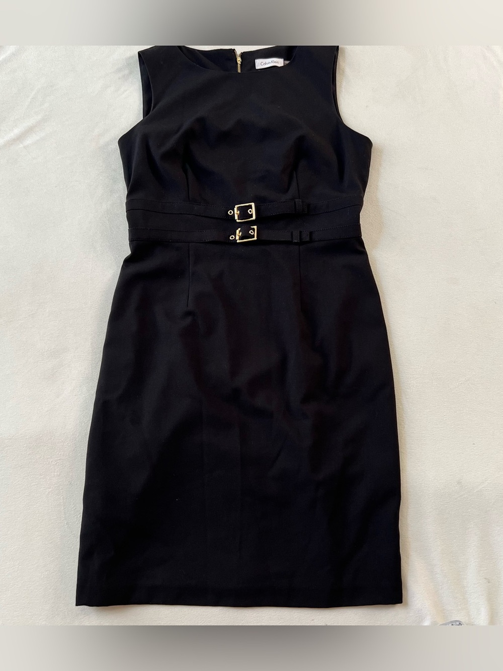 Calvin Klein Black Sleeveless Sheath Dress Double Buckle Waist Designer Chic